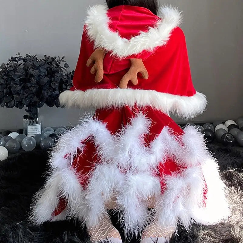 Layered Santa Claus Inspired Christmas Dress with Headband - dress