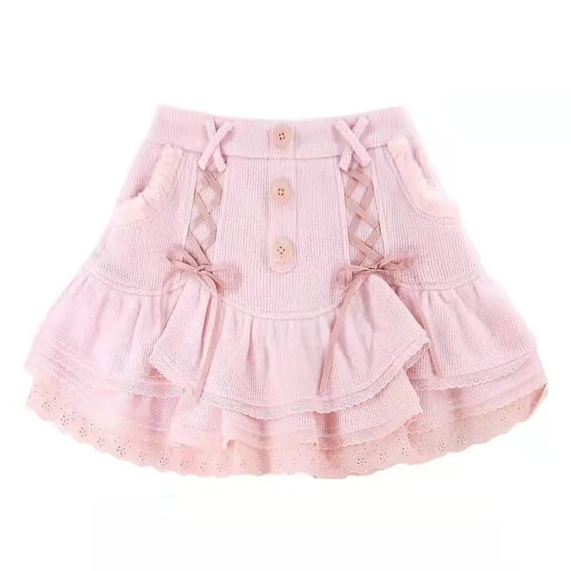 Light Pink Corduroy Skirt with Lace Corsetry and Layered Design - Skirts