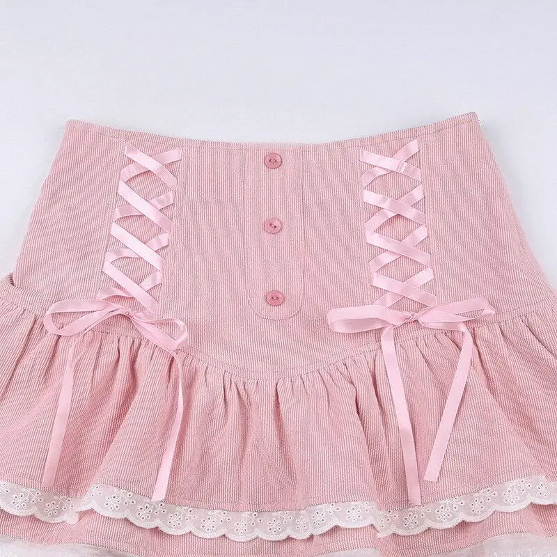 Light Pink Corduroy Skirt with Lace Corsetry and Layered Design - Skirts