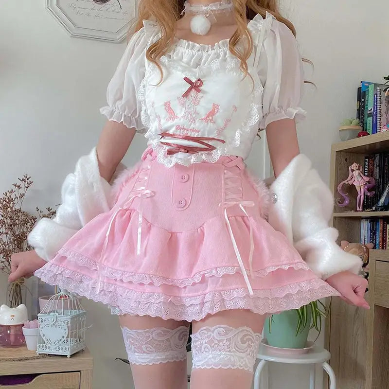 Light Pink Corduroy Skirt with Lace Corsetry and Layered Design - Skirts