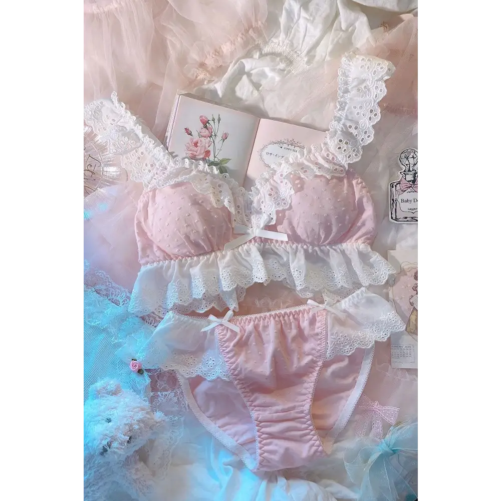 Doily Babydoll Lingerie Set - Pink / M(70ABC75A) - bdsm, black underwear, bows, bra, bralette