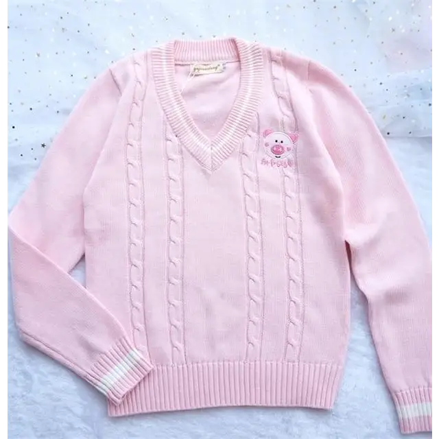 Kawaii Piggy Piglet Pig Sweater Vest Sweatshirt Knit Long Sleeve V-Neck Pastel Fairy Kei Cute Fashion