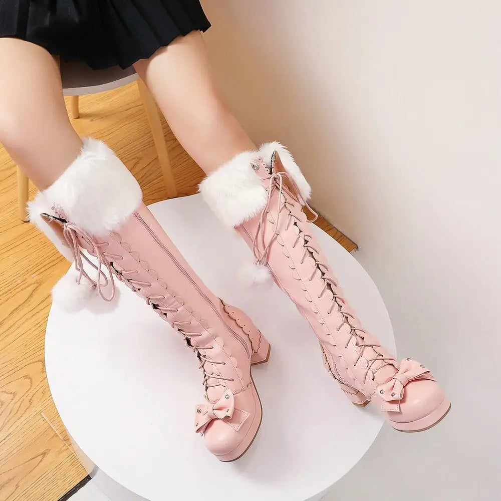 Lolita Bow Fur Knee High Boots in Pink Black and White - boots