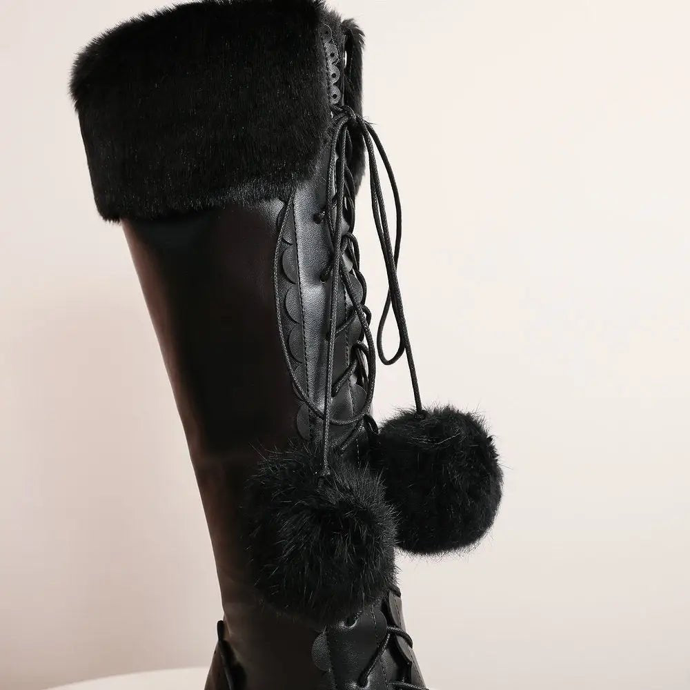 Lolita Bow Fur Knee High Boots in Pink, Black, and White - Cosparty