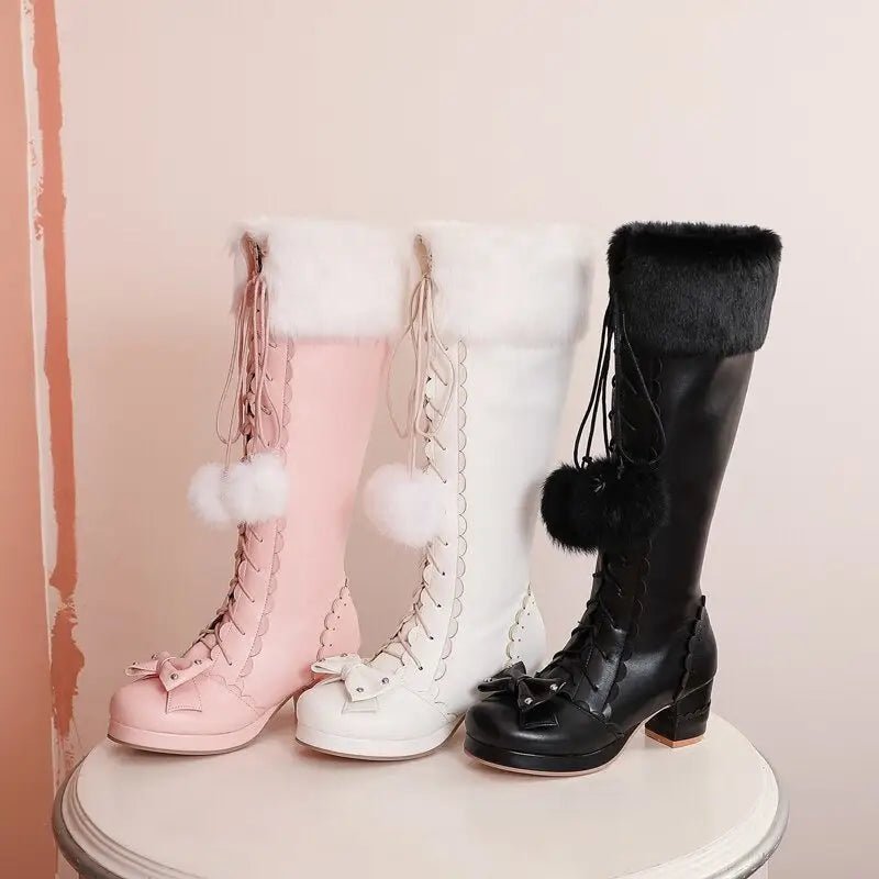 Lolita Bow Fur Knee High Boots in Pink, Black, and White - Cosparty