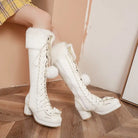 Lolita Bow Fur Knee High Boots in Pink Black and White - boots