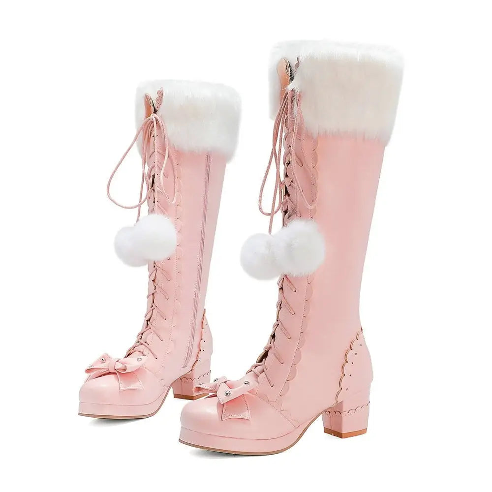 Lolita Bow Fur Knee High Boots - booties, boots, footwear, lolita fashion, lolita style Cosparty