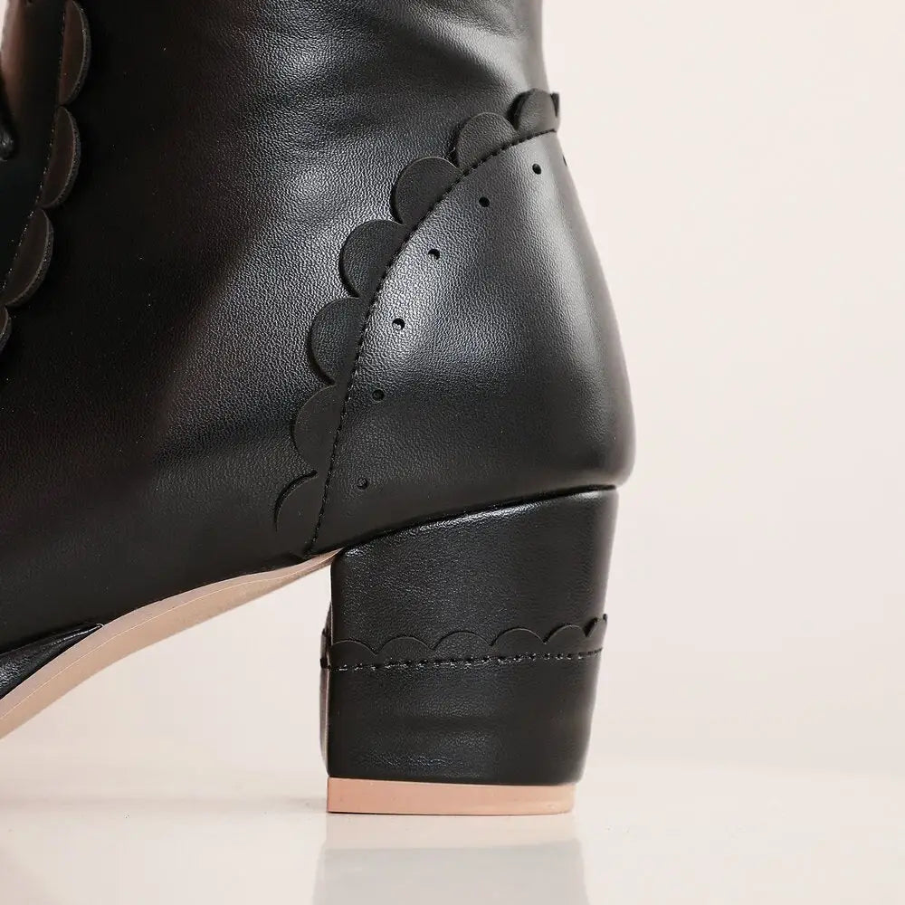 Lolita Bow Fur Knee High Boots in Pink, Black, and White - Cosparty