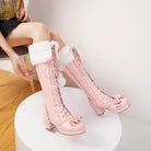 Lolita Bow Fur Knee High Boots in Pink Black and White - boots