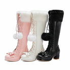 Lolita Bow Fur Knee High Boots in Pink, Black, and White - Cosparty