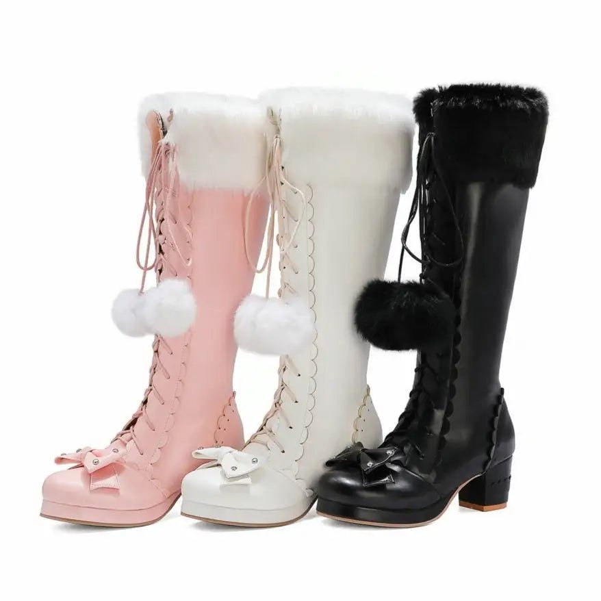 Lolita Bow Fur Knee High Boots in Pink, Black, and White - Cosparty