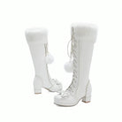 Lolita Bow Fur Knee High Boots in Pink, Black, and White - Cosparty