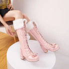 Lolita Bow Fur Knee High Boots in Pink, Black, and White - Cosparty