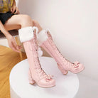 Lolita Bow Fur Knee High Boots in Pink, Black, and White - Cosparty