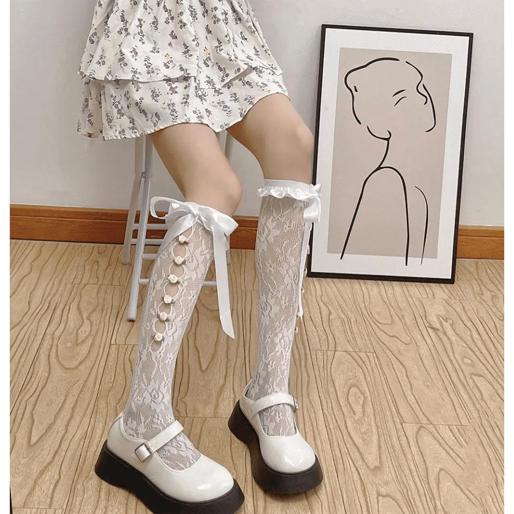Lolita Lace Ribbon Rosebud Stockings in Black or White - Cosparty