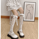 Lolita Lace Ribbon Rosebud Stockings in Black or White - Cosparty