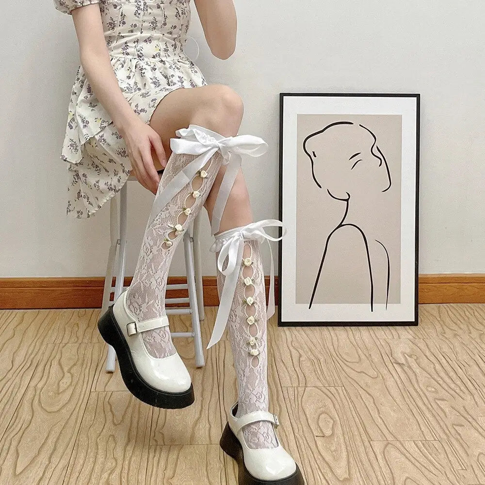 Lolita Lace Ribbon Rosebud Stockings in Black or White - socks