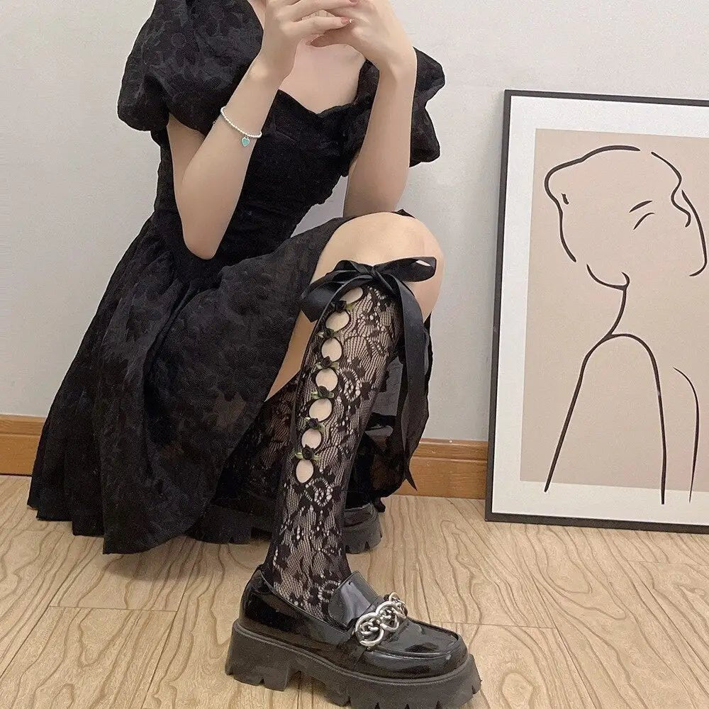 Lolita Lace Ribbon Rosebud Stockings in Black or White - Cosparty