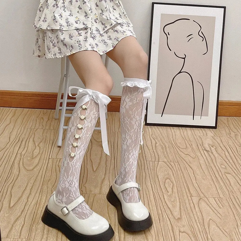 Lolita Lace Ribbon Rosebud Stockings in Black or White - socks