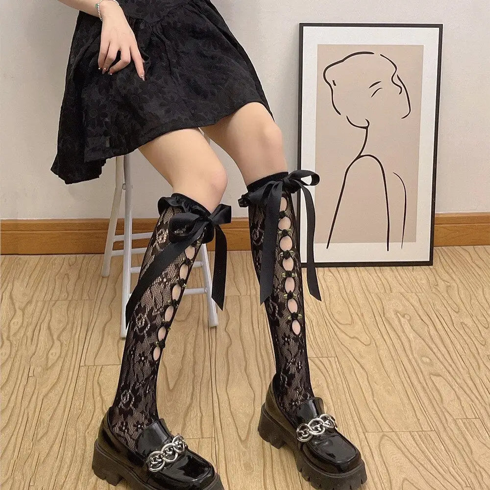 Lolita Lace Ribbon Rosebud Stockings in Black or White - socks