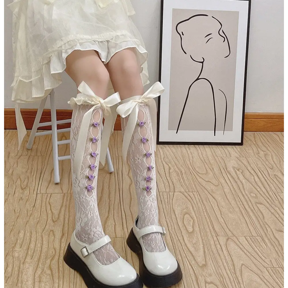 Lolita Lace Ribbon Rosebud Stockings in Black or White - socks