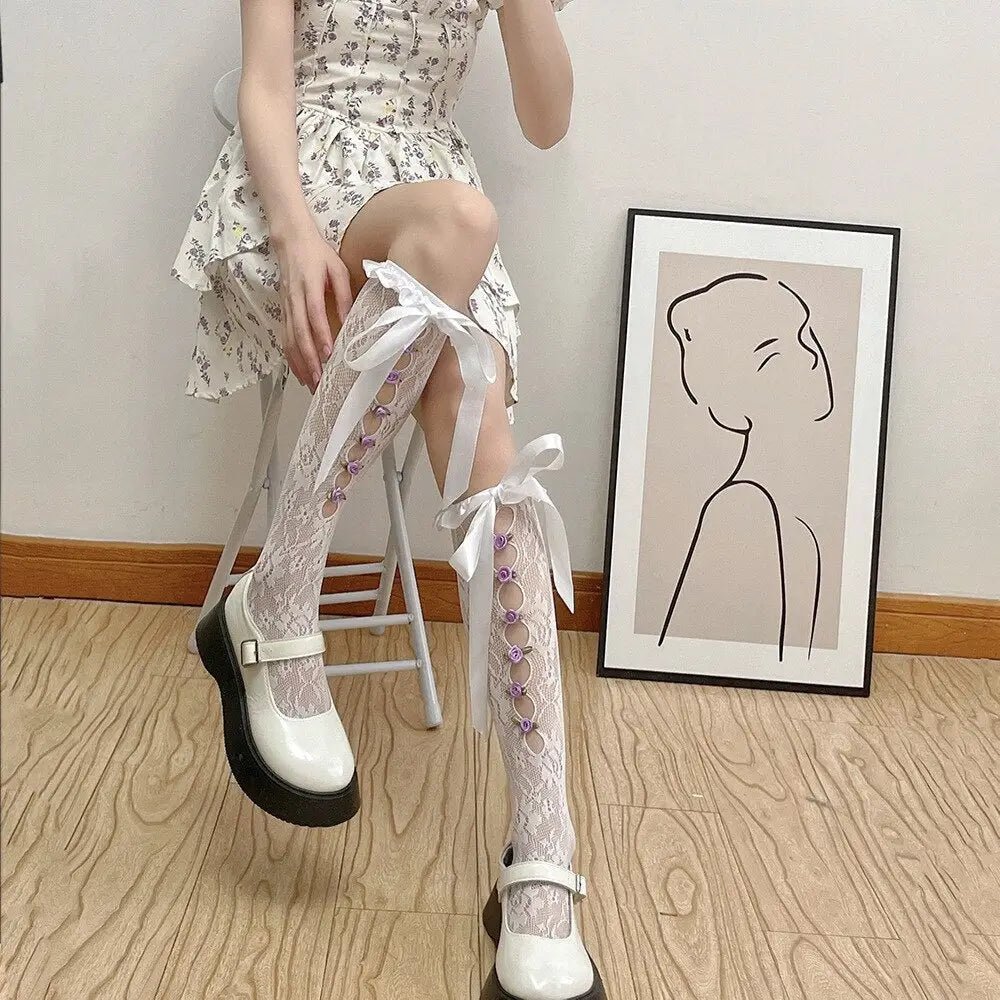 Lolita Lace Ribbon Rosebud Stockings in Black or White - Cosparty