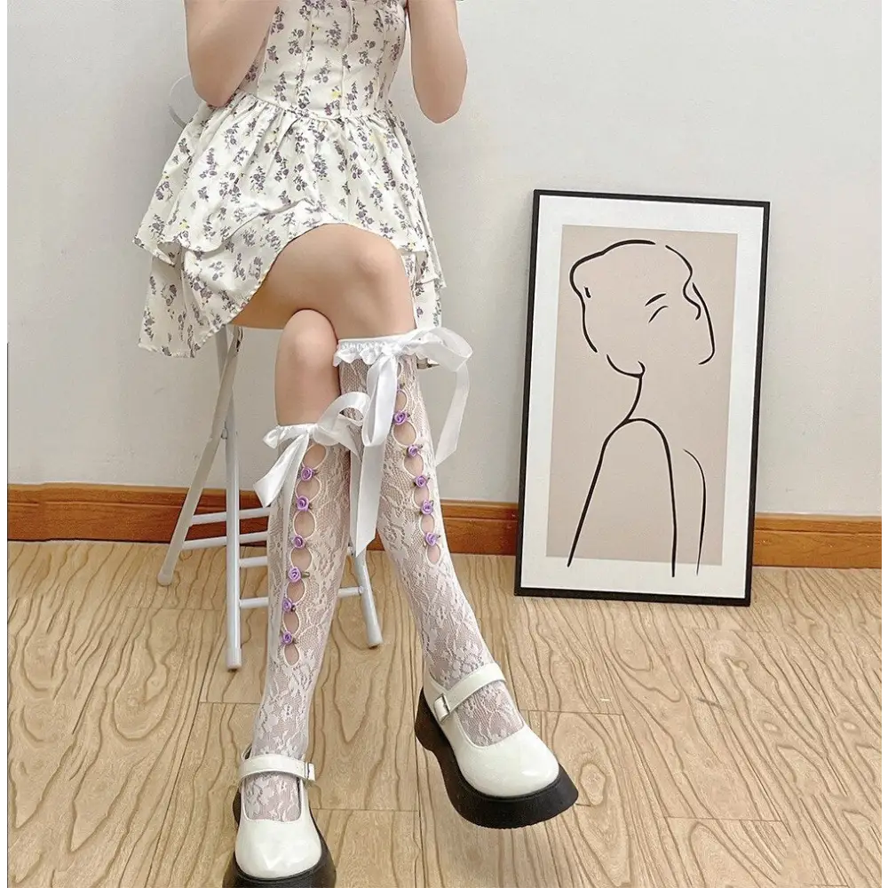 Lolita Lace Ribbon Rosebud Stockings in Black or White - socks