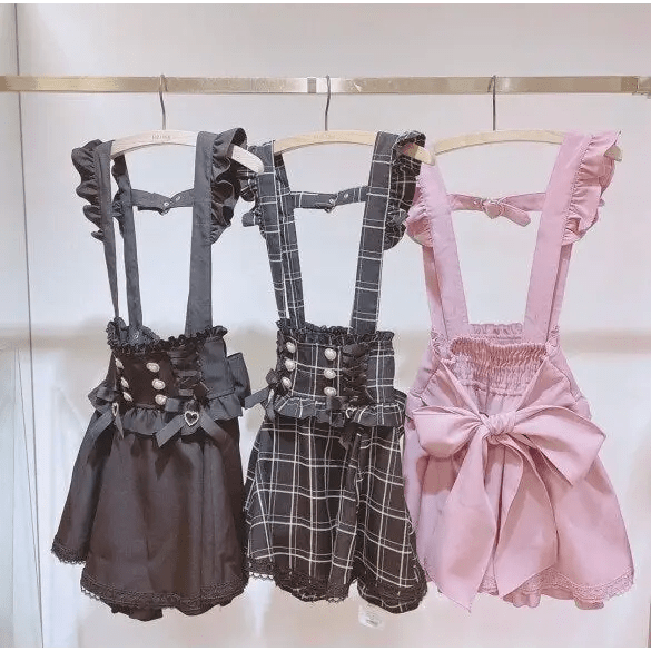 Lolita Suspender Skirt in Dark Pink, Black, and Plaid Black Options - Cosparty
