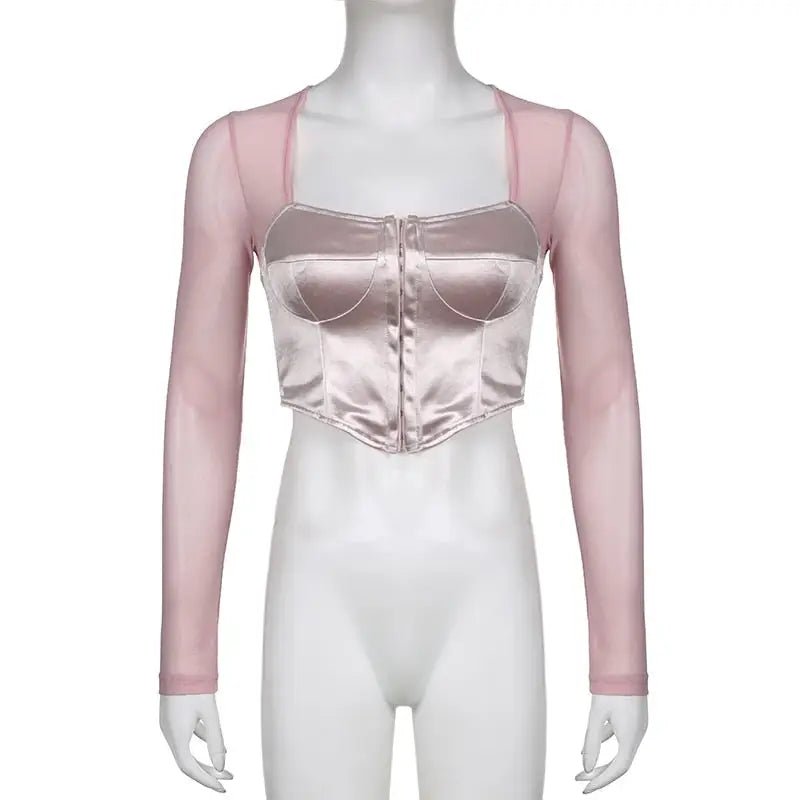 Long Sleeve Satin Bustier Crop Top for Angelcore and Fairycore - Cosparty