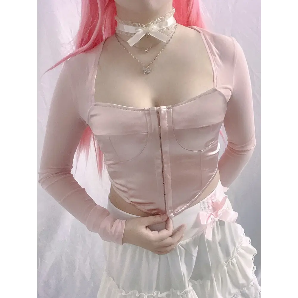 Long Sleeve Satin Bustier Crop Top for Angelcore and Fairycore - shirt