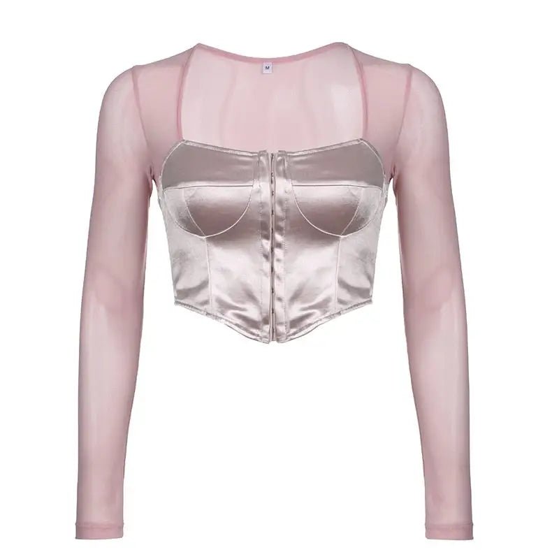 Long Sleeve Satin Bustier Crop Top for Angelcore and Fairycore - Cosparty