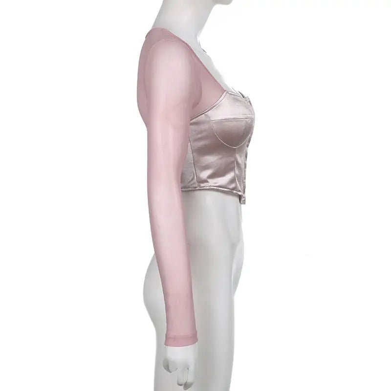 Long Sleeve Satin Bustier Crop Top for Angelcore and Fairycore - Cosparty