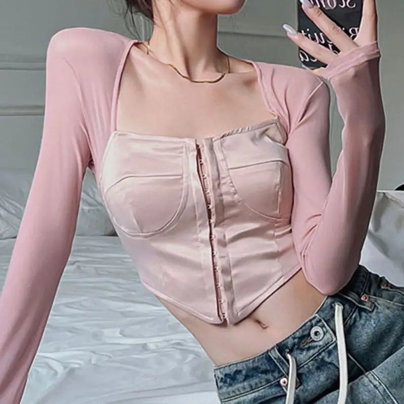 Long Sleeve Satin Bustier Crop Top for Angelcore and Fairycore - shirt