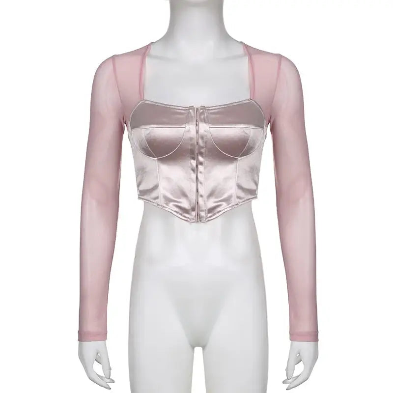 Long Sleeve Satin Bustier Crop Top for Angelcore and Fairycore - shirt