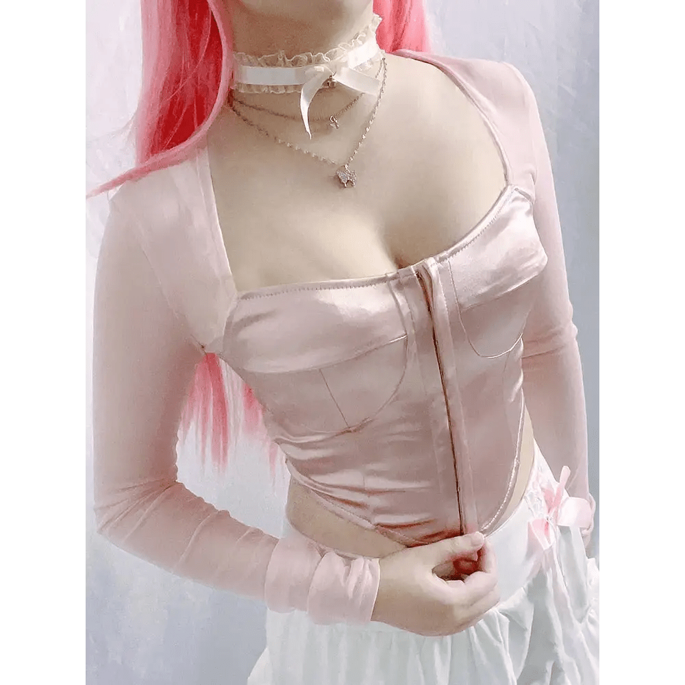 Long Sleeve Satin Bustier Crop Top for Angelcore and Fairycore - Cosparty