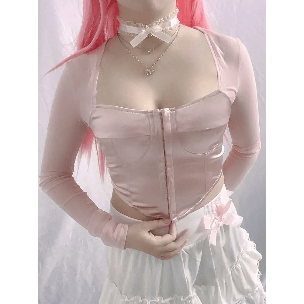 Long Sleeve Satin Bustier Crop Top for Angelcore and Fairycore - Cosparty