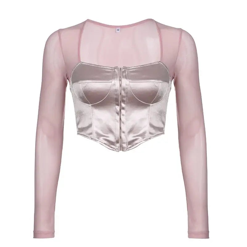 Long Sleeve Satin Bustier Crop Top for Angelcore and Fairycore - shirt