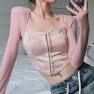 Long Sleeve Satin Bustier Crop Top for Angelcore and Fairycore - Cosparty