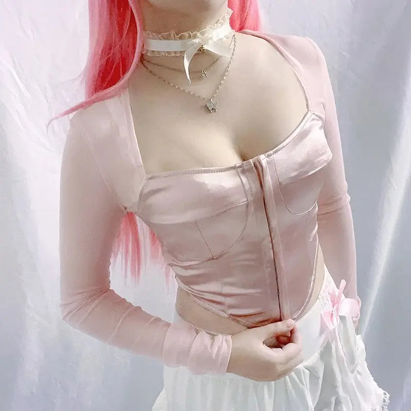 Long Sleeve Satin Bustier Crop Top for Angelcore and Fairycore - shirt