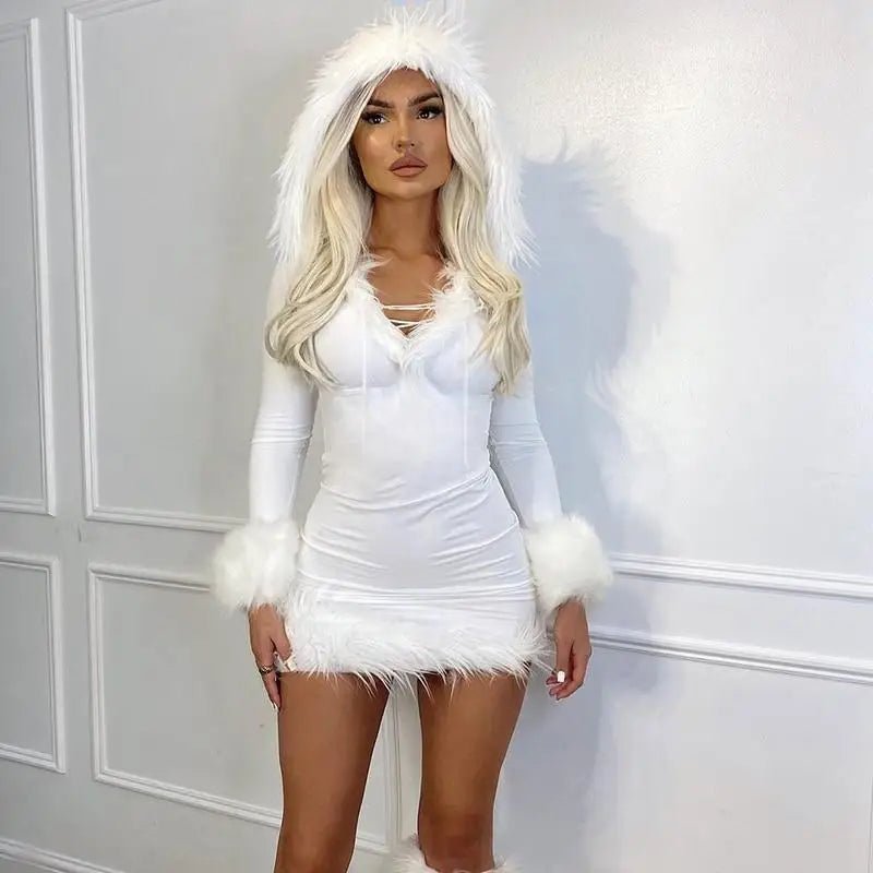 Long Sleeve White Fur Trimmed Sweater Dress for Cozy Winter Style - Cosparty