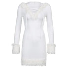 Long Sleeve White Fur Trimmed Sweater Dress for Cozy Winter Style - Dress