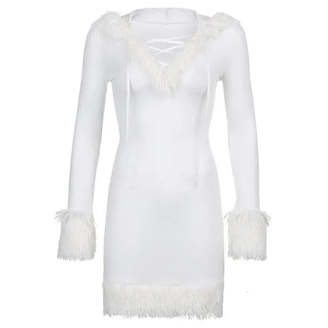 Long Sleeve White Fur Trimmed Sweater Dress for Cozy Winter Style - Dress