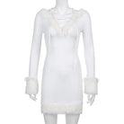 Long Sleeve White Fur Trimmed Sweater Dress for Cozy Winter Style - Dress