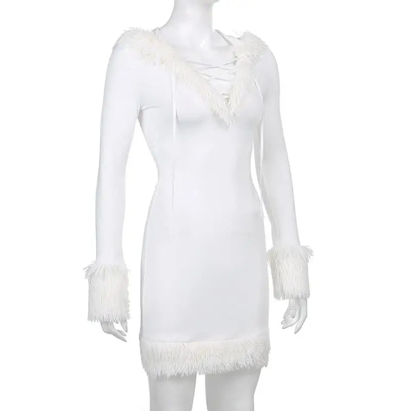 Long Sleeve White Fur Trimmed Sweater Dress for Cozy Winter Style - Dress