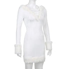 Long Sleeve White Fur Trimmed Sweater Dress for Cozy Winter Style - Cosparty