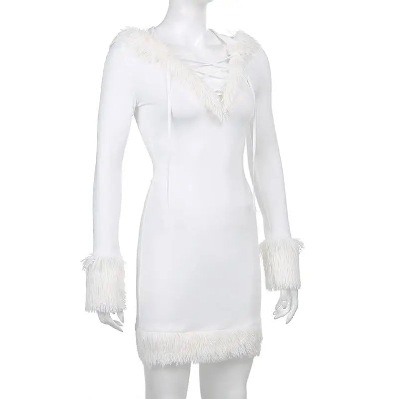 Long Sleeve White Fur Trimmed Sweater Dress for Cozy Winter Style - Cosparty