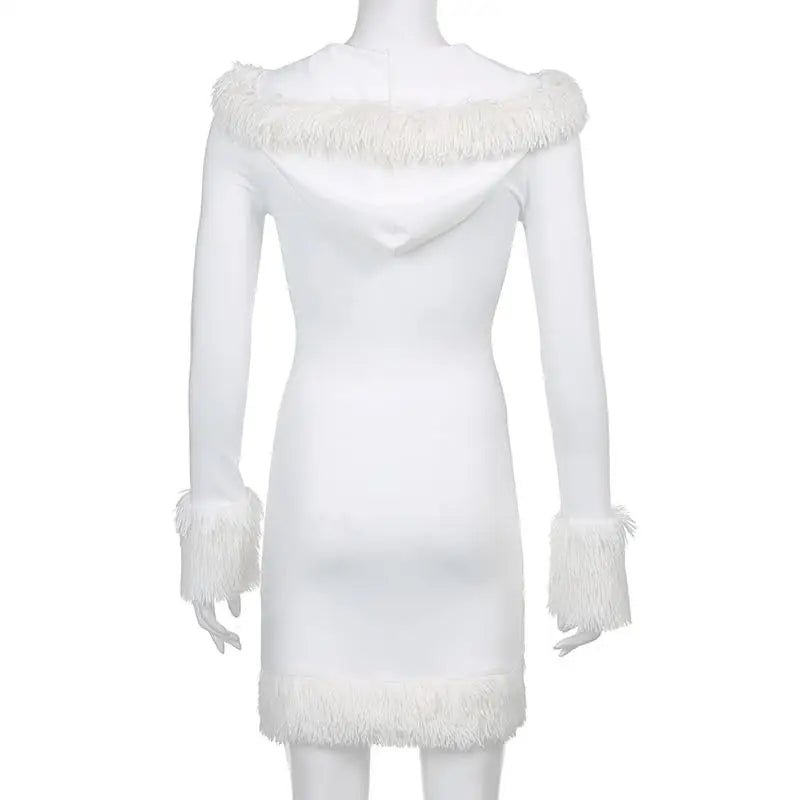 Long Sleeve White Fur Trimmed Sweater Dress for Cozy Winter Style - Cosparty
