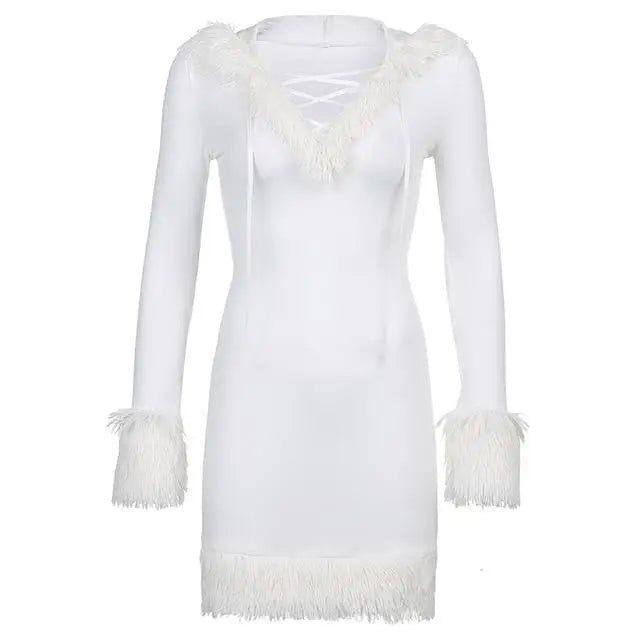Long Sleeve White Fur Trimmed Sweater Dress for Cozy Winter Style - Cosparty
