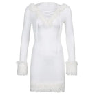 Long Sleeve White Fur Trimmed Sweater Dress for Cozy Winter Style - Cosparty
