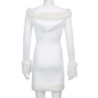 Long Sleeve White Fur Trimmed Sweater Dress for Cozy Winter Style - Dress